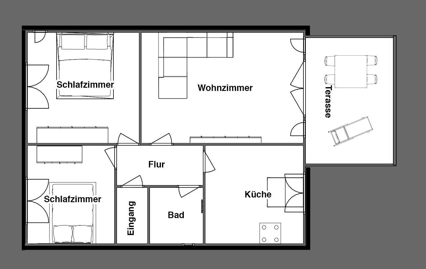 Dieses Haus hat zwei Schlafzimmer, ein Wohnzimmer, eine Küche, ein Bad und eine Terrasse.