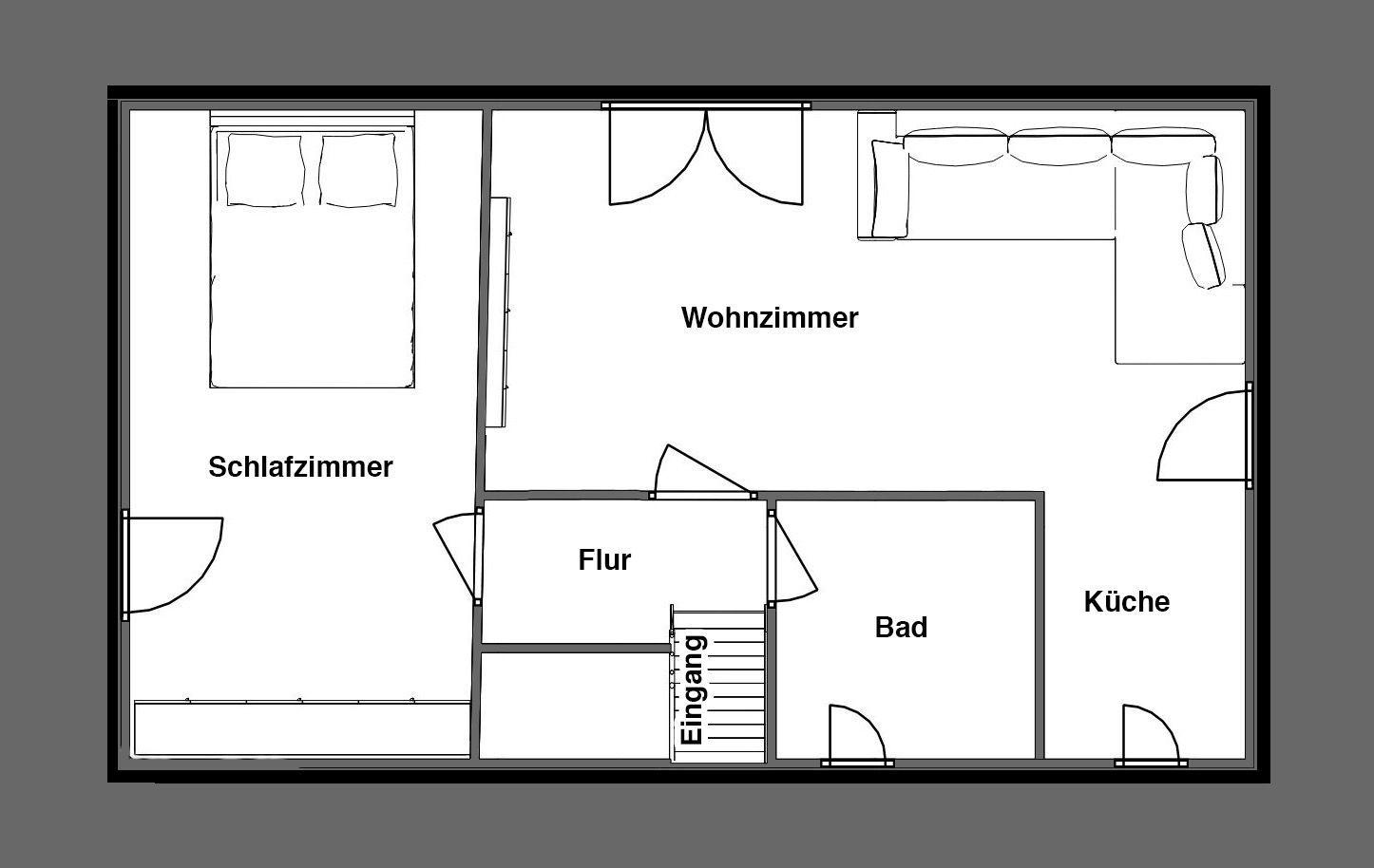 Wohnung mit Schlafzimmer, Wohnzimmer, Küche, Bad und Flur.