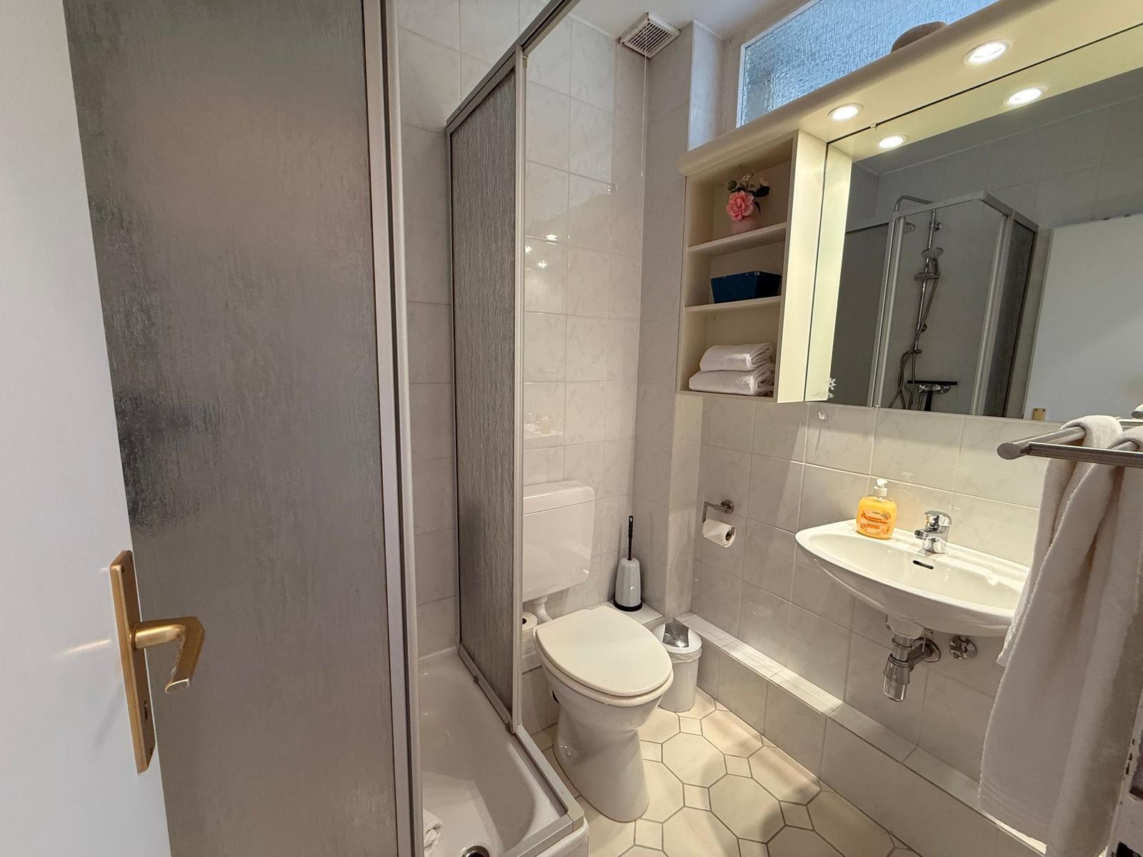 Badezimmer mit Dusche, Toilette und Waschbecken mit Spiegel