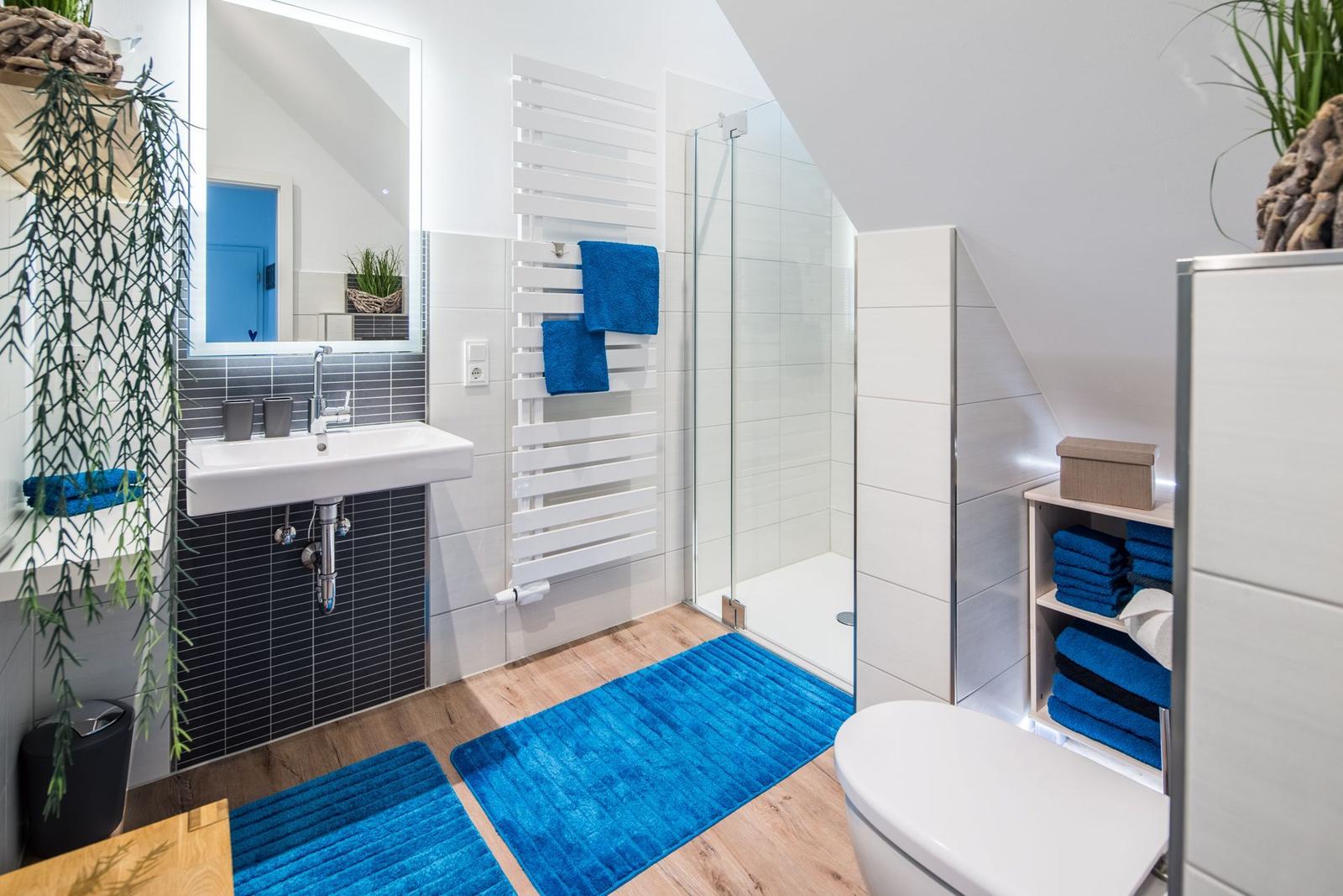 Badezimmer mit Dusche, Waschbecken und Toilette. Blaue Teppiche und Handtücher.