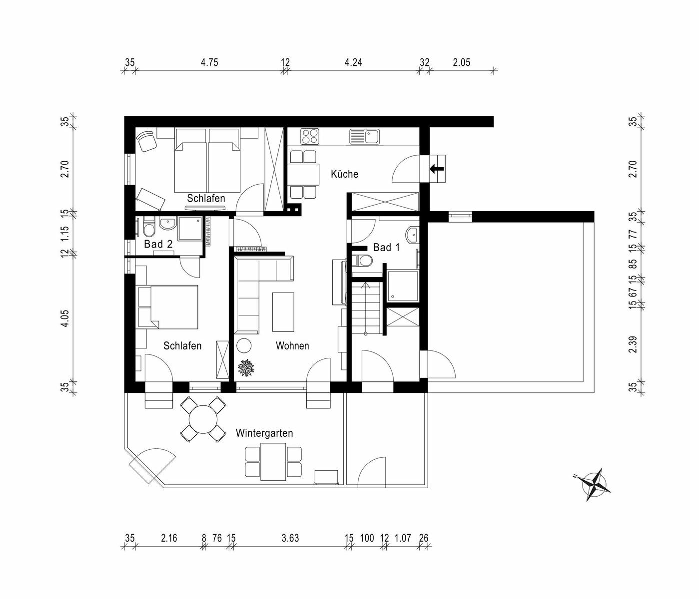 Wohnung mit zwei Schlafzimmern, Küche, Bad und Wintergarten.