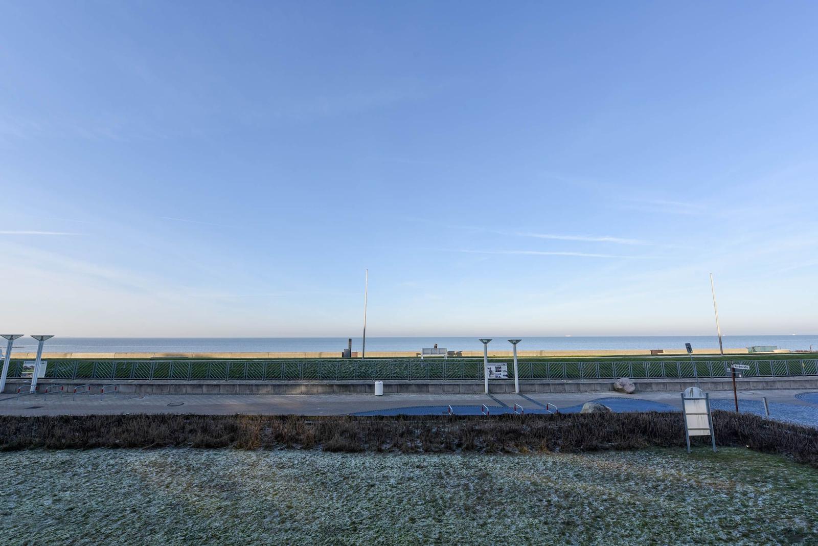Meeresblick mit Promenade und frostigem Gras im Vordergrund.