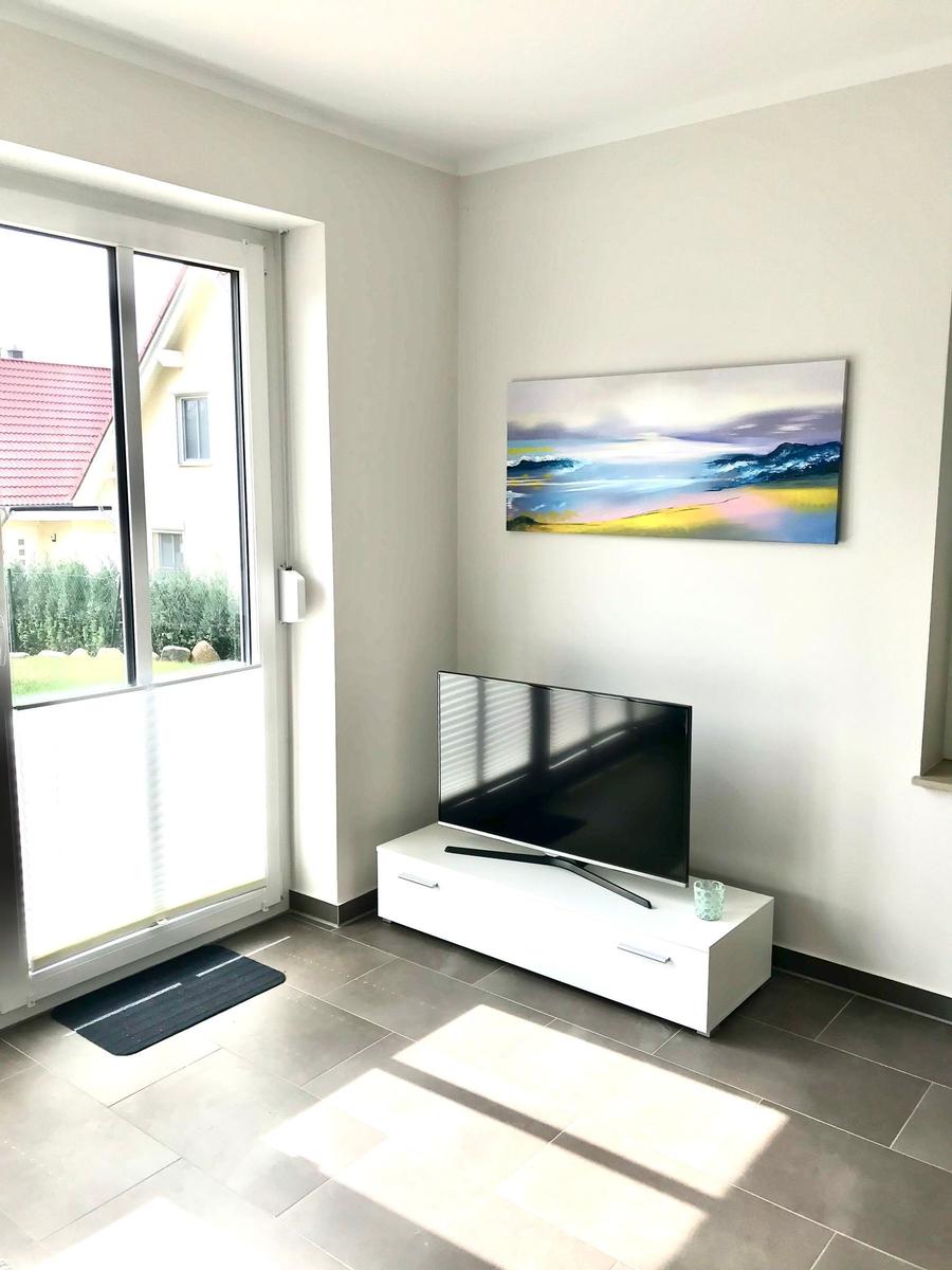 Wohnzimmer mit TV, Wandbild und Glasfront zur Terrasse.
