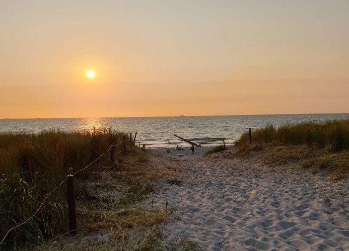 Sandweg führt durch Dünen zum Meer bei Sonnenuntergang.