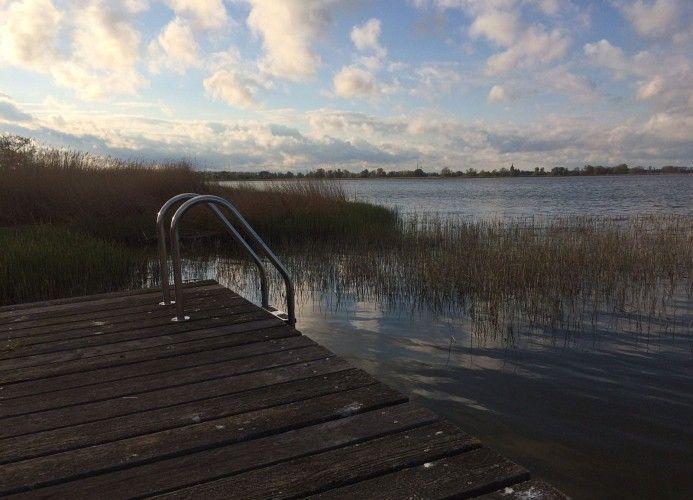 Holzsteg mit Metallgeländer führt ins Wasser. Im Hintergrund See und Ufervegetation.