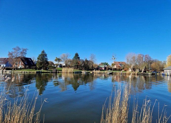 Seeufer mit Häusern und Bäumen unter blauem Himmel
