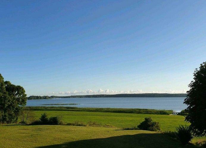 Weitläufiger Blick auf einen See mit grünen Wiesen und Bäumen am Ufer.