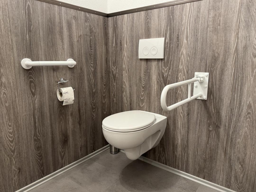 Toilette mit Handlauf und WC-Bedienung an der Wand