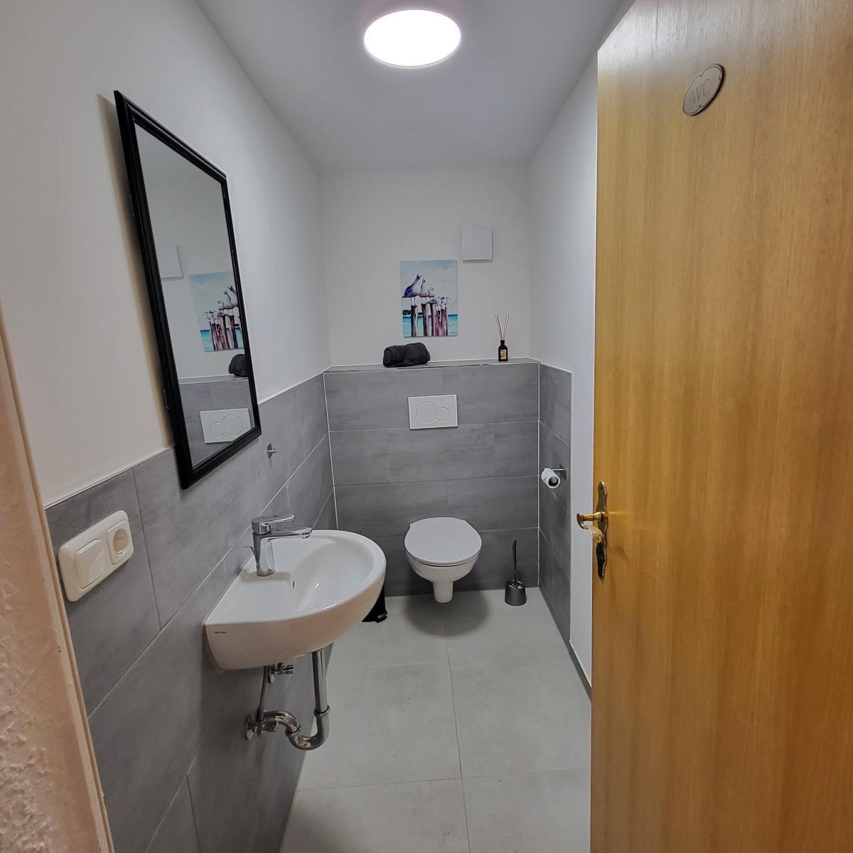 WC mit Waschbecken, Spiegel und Wandbild. Holztür mit WC-Schild.