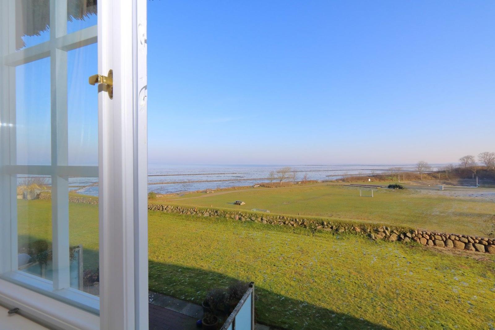 From a window, you see a green lawn and the sea under a blue sky.