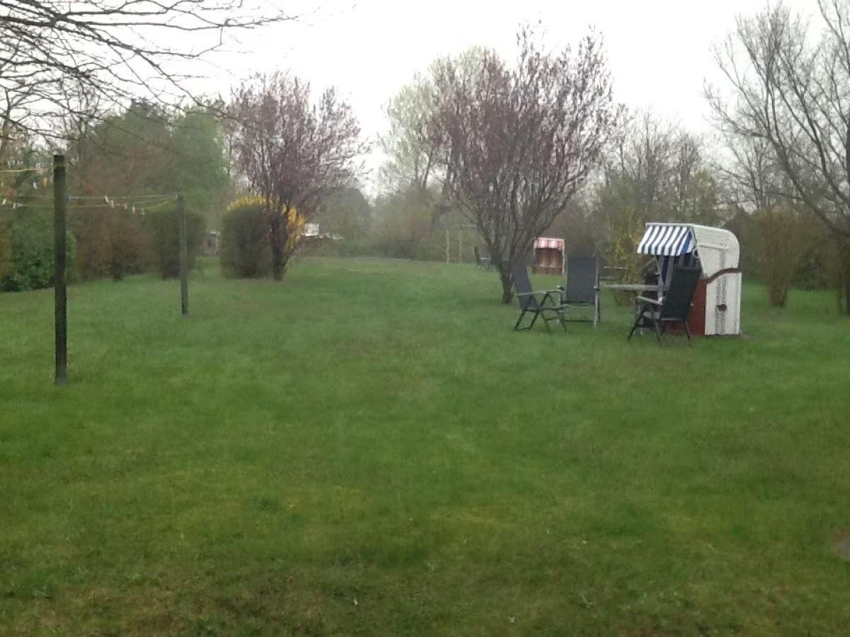 Green lawn with garden furniture and trees in the background.