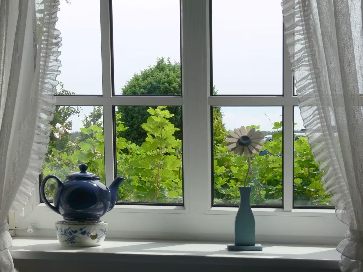Sill with teapot and flower vase, view of green plants and sky.