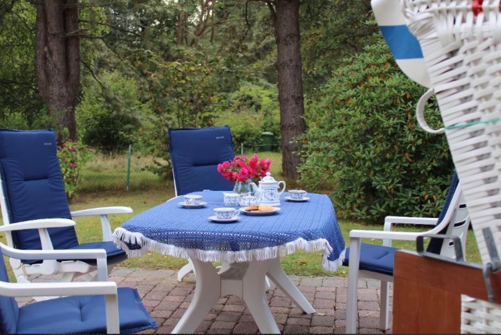 Außenbereich mit Tisch, Stühlen und Blumen. Tischdecke und Kissen sind blau.