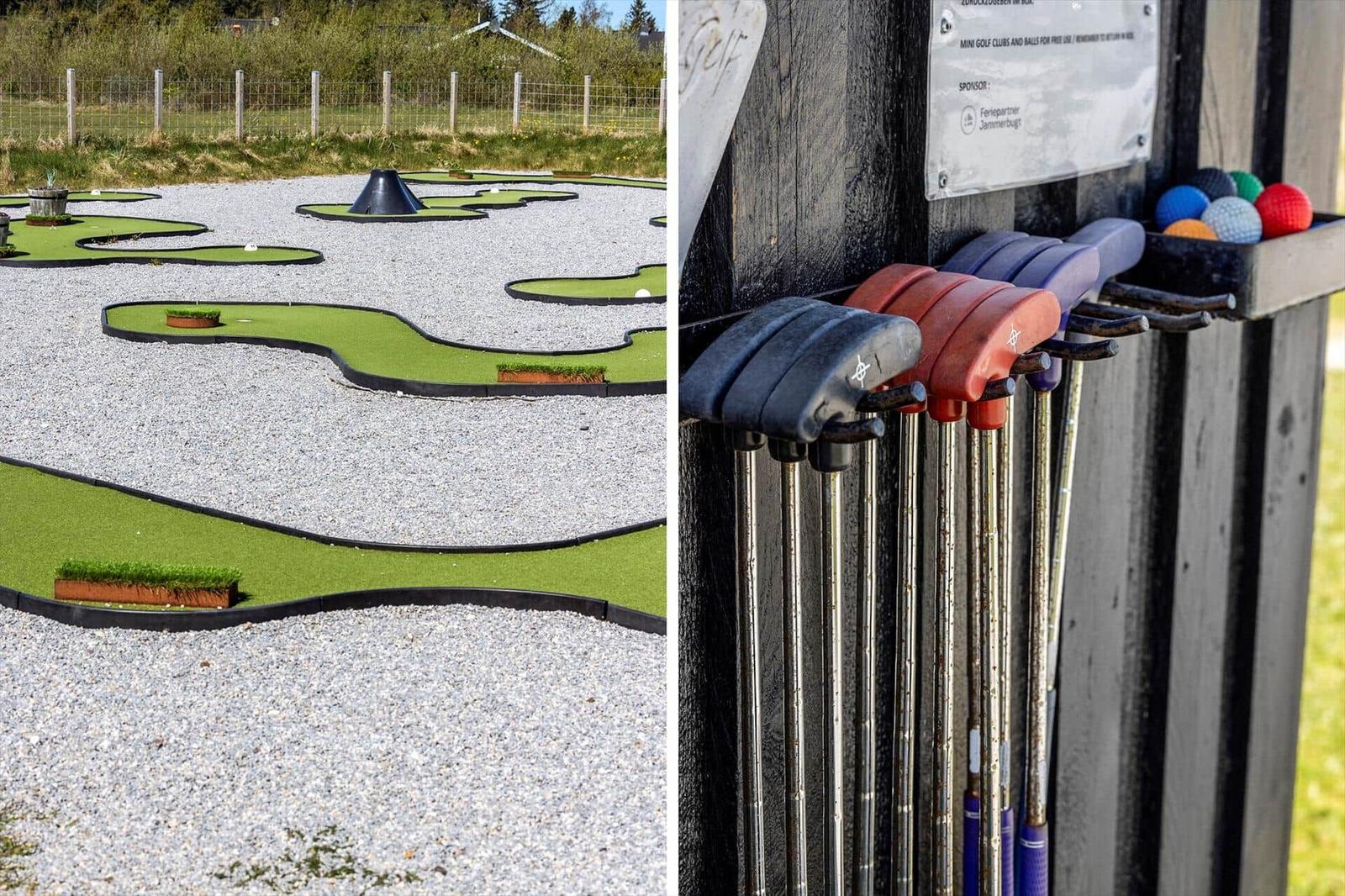 Mini-golf course with grass areas and gravel. Golf clubs and balls are ready for play.