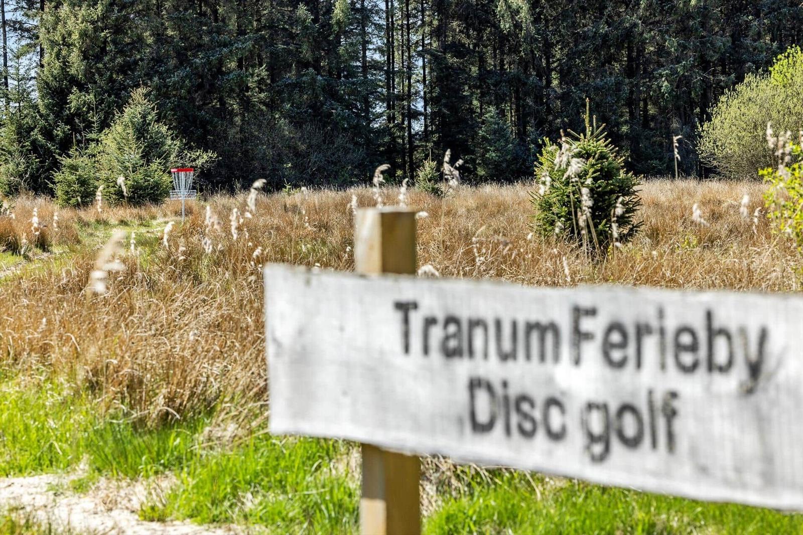 Sign shows Tranum Ferieby Disc golf. Background: forest and grassland with disc golf target.
