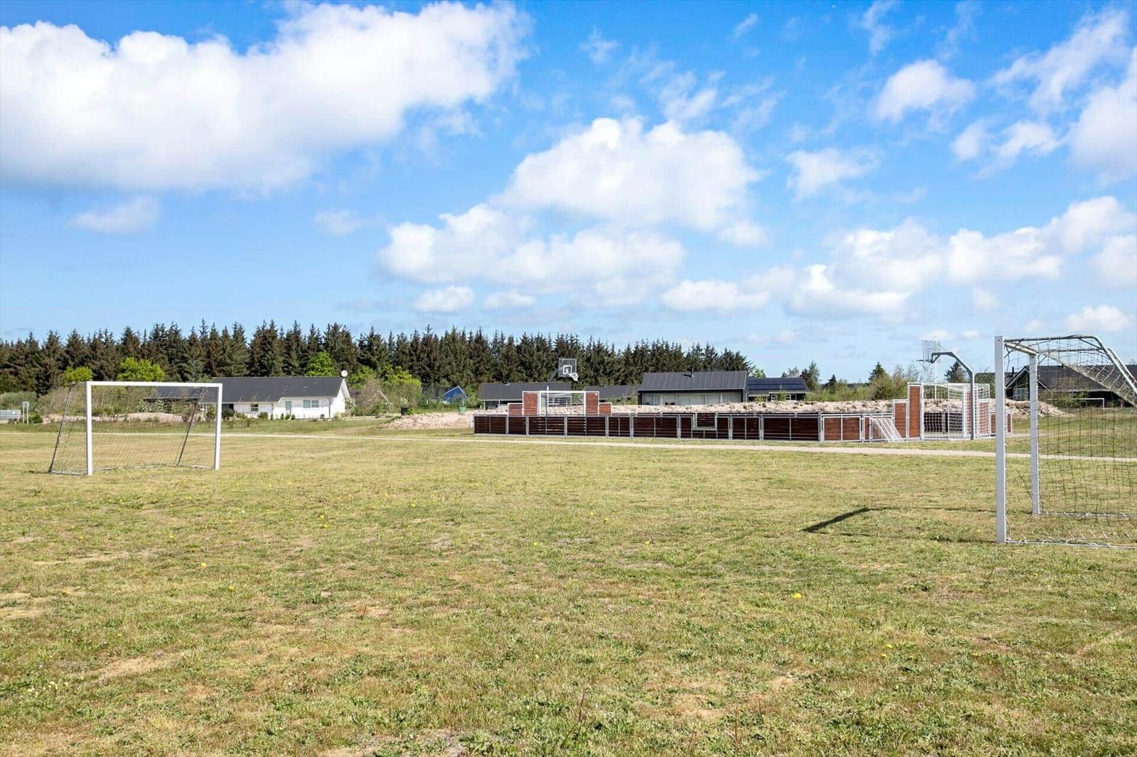 Green field with soccer goals and basketball hoop. Houses and trees are visible in the background.
