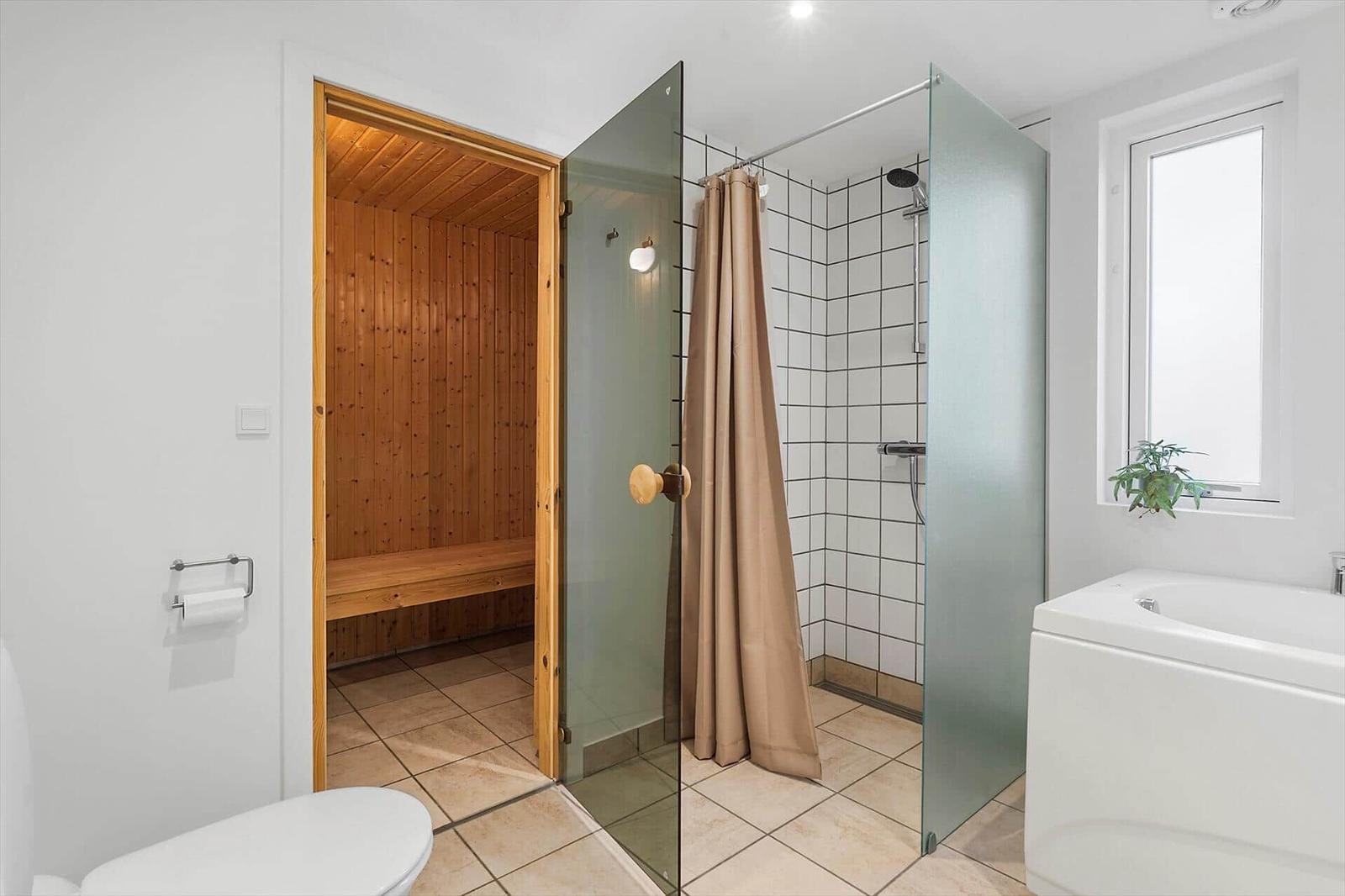Bath with shower, bathtub, and sauna. Window with plant.