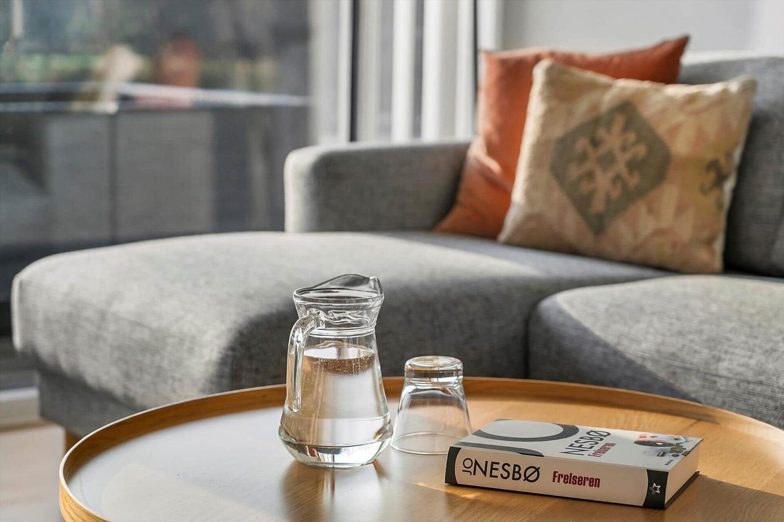 A water pitcher and a book are on the table. In the background, there is a sofa with cushions.