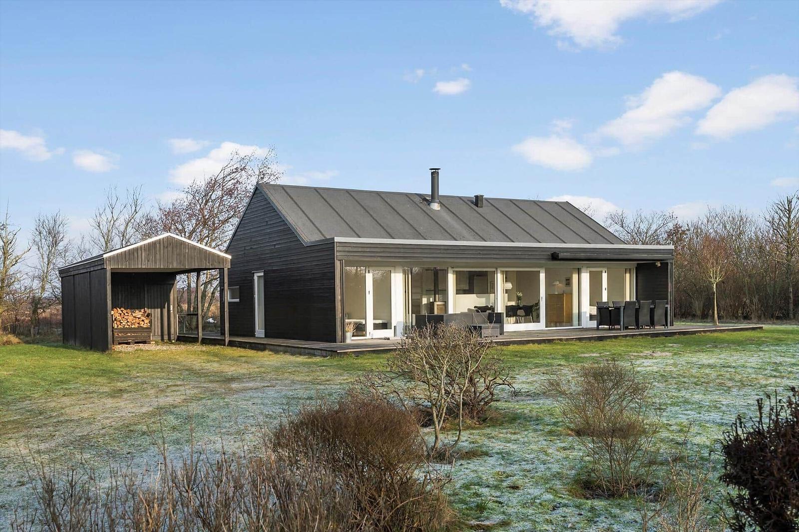 Modern villa with terrace and woodpile in garden. View of living and dining area.