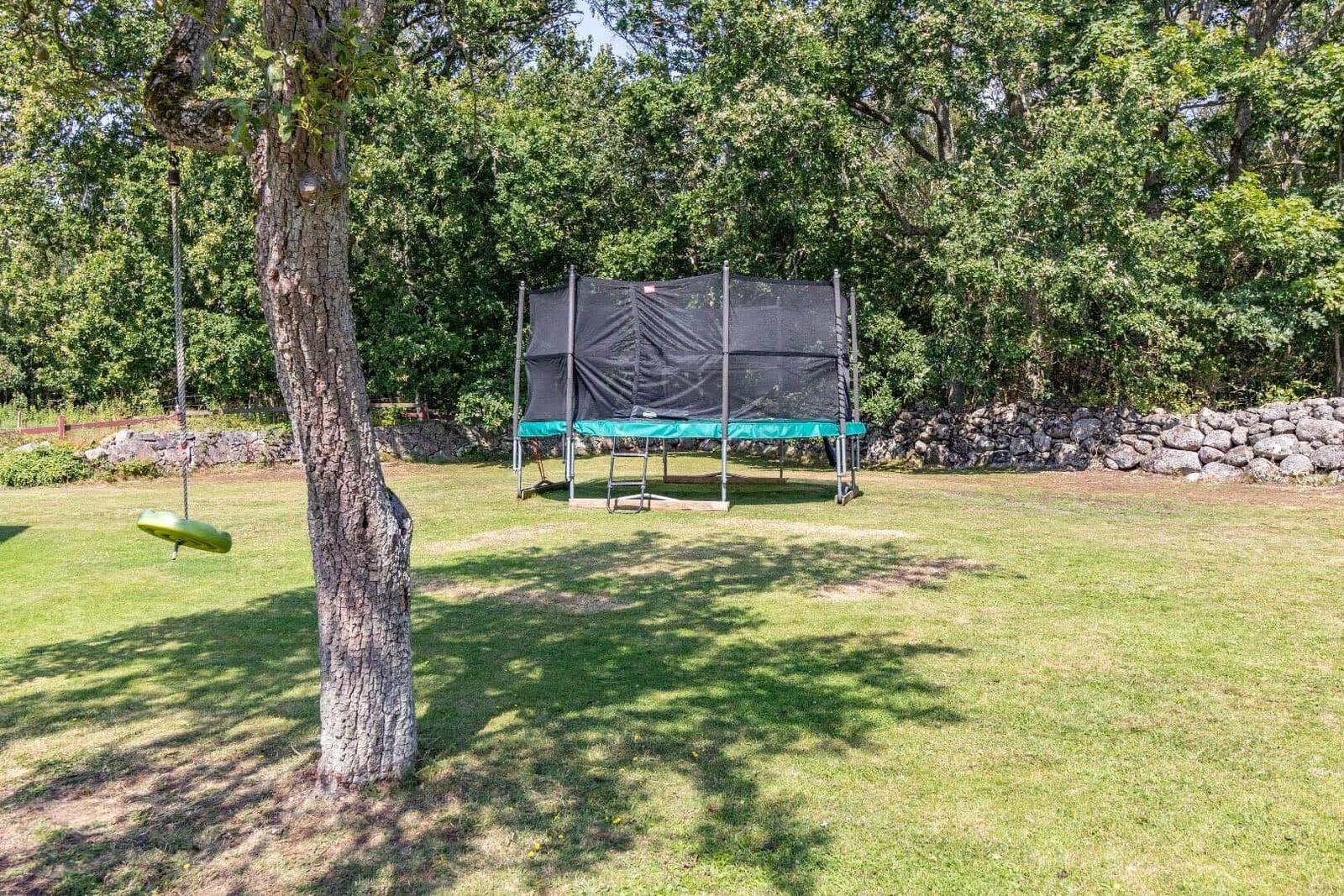 Grüner Rasenbereich mit Trampolin und Schaukel unter Bäumen.