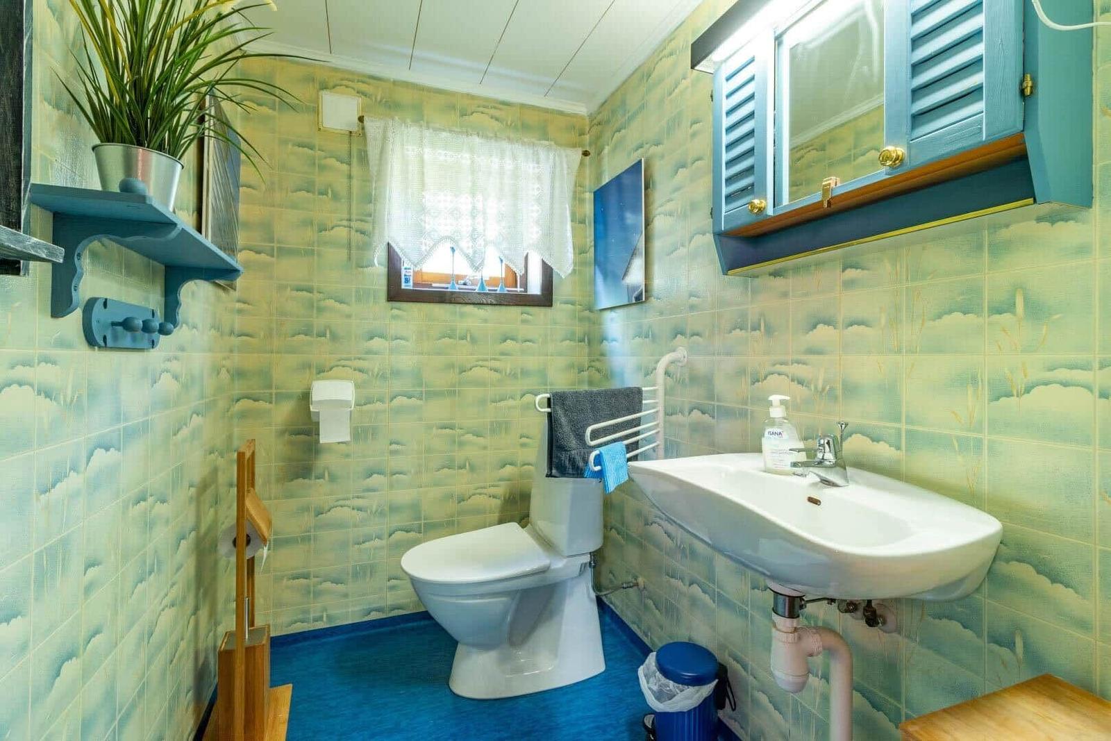 Badezimmer mit Toilette, Waschbecken und Fenster. Wände mit Muster, blauer Boden.