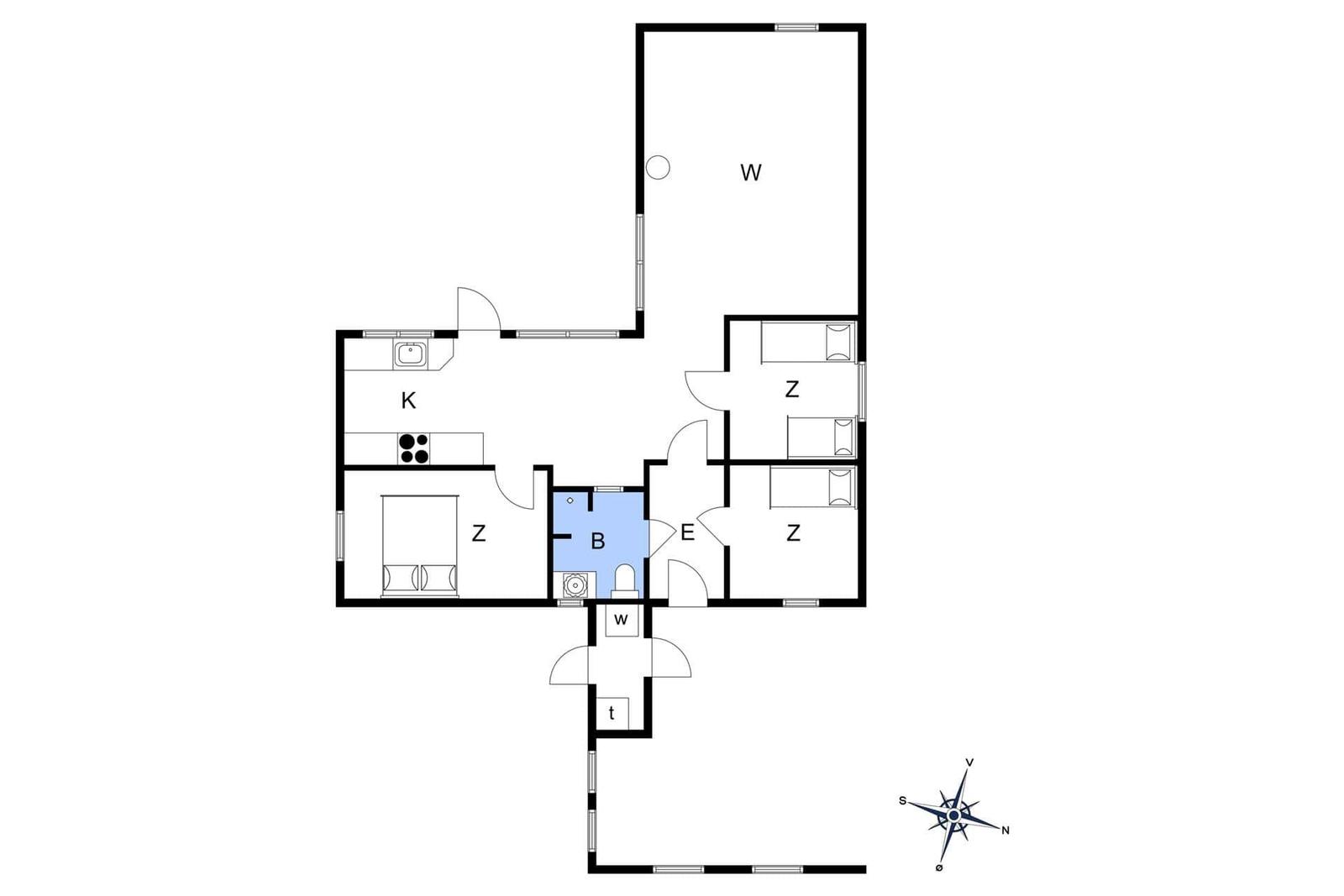 Wohnung mit Küche, drei Schlafzimmern und Bad. Flur mit Waschmaschine und Toilette.