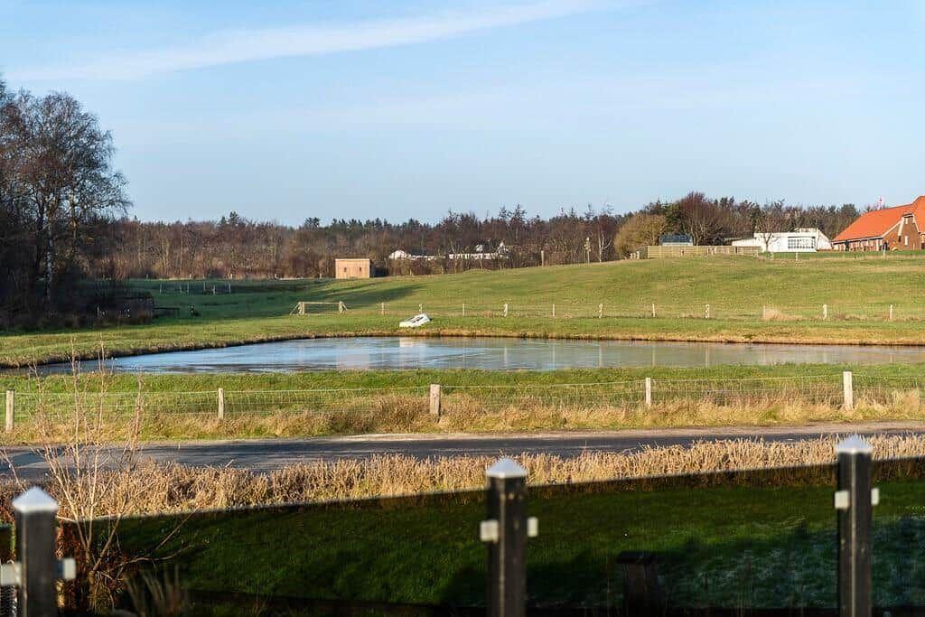 Ein Teich mit einem Boot liegt in einer grünen Landschaft mit Wiesen und Bäumen.