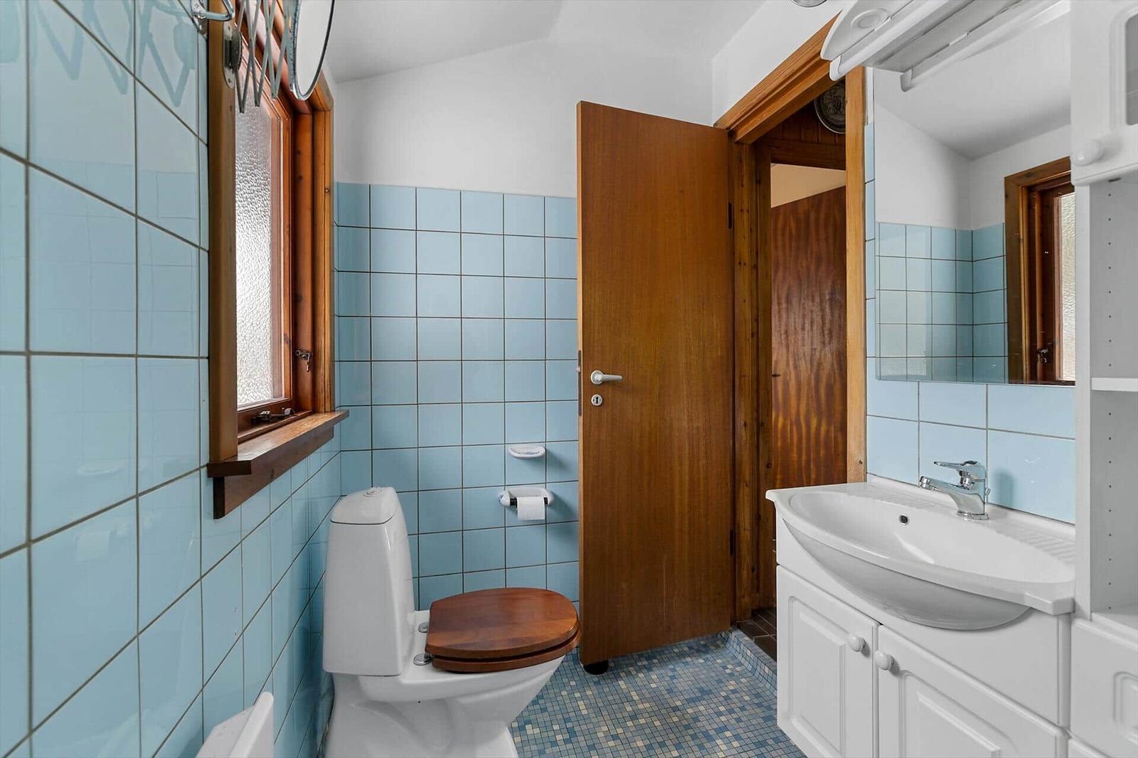 Bathroom with toilet, sink, and wooden door. Blue tiles on the walls.