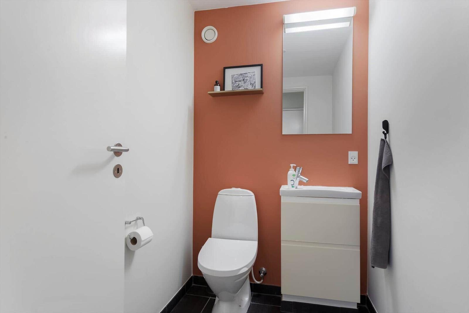 Bathroom with toilet, sink, and mirror on orange wall.