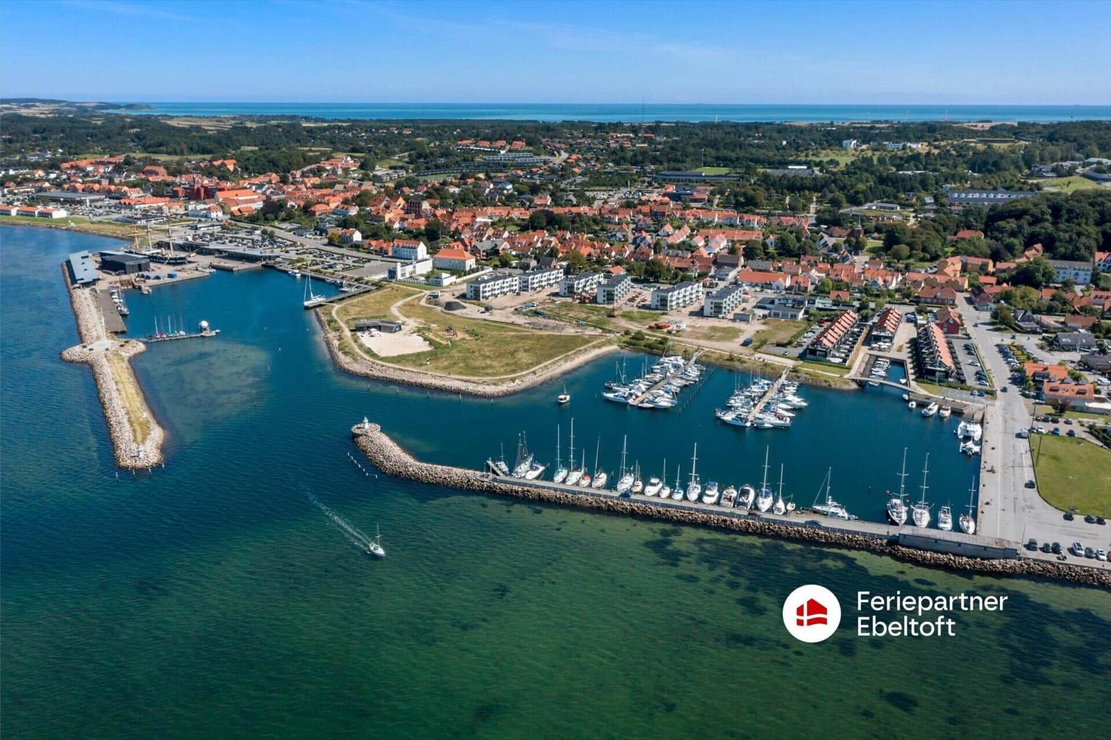 Aerial view of harbor town with marina, boats, and red-roofed houses near sea.