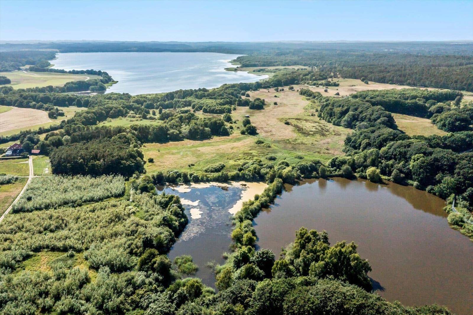 Aerial view showing a lake, river, and forested areas