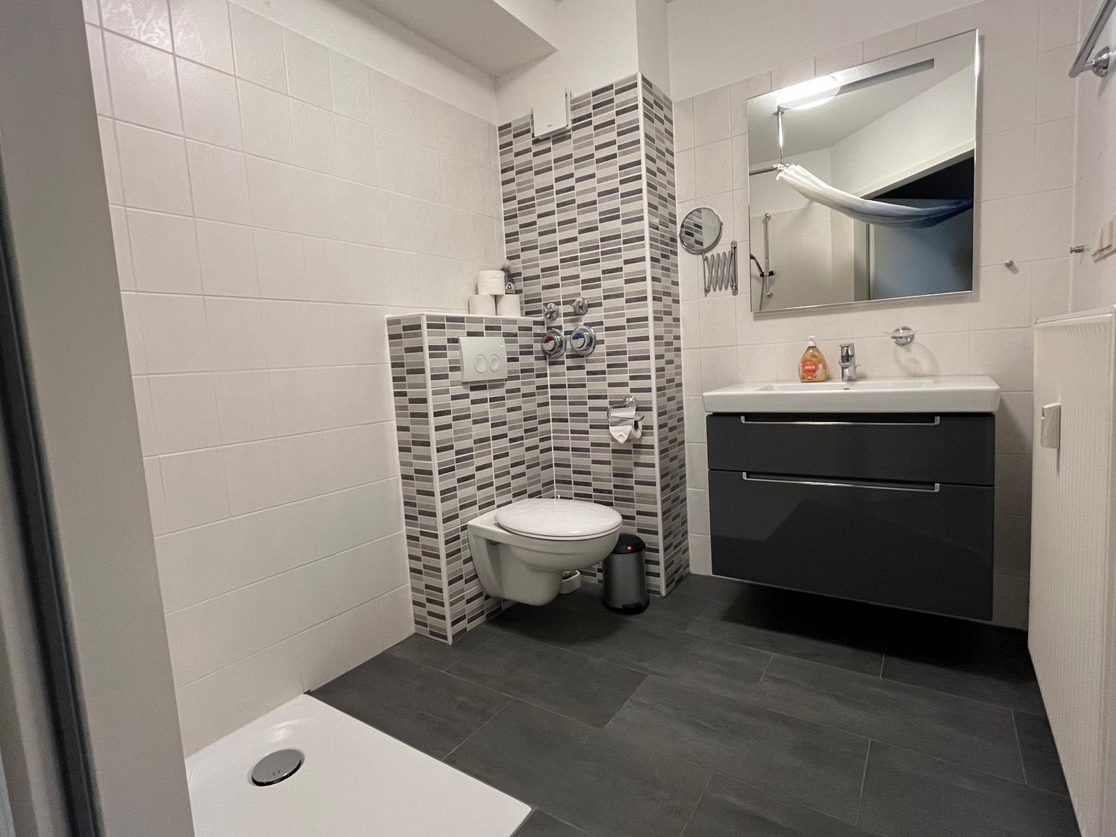 Badezimmer mit Dusche, Toilette und Waschbecken. Wandfliesen in Grau-Weiß-Tönen.