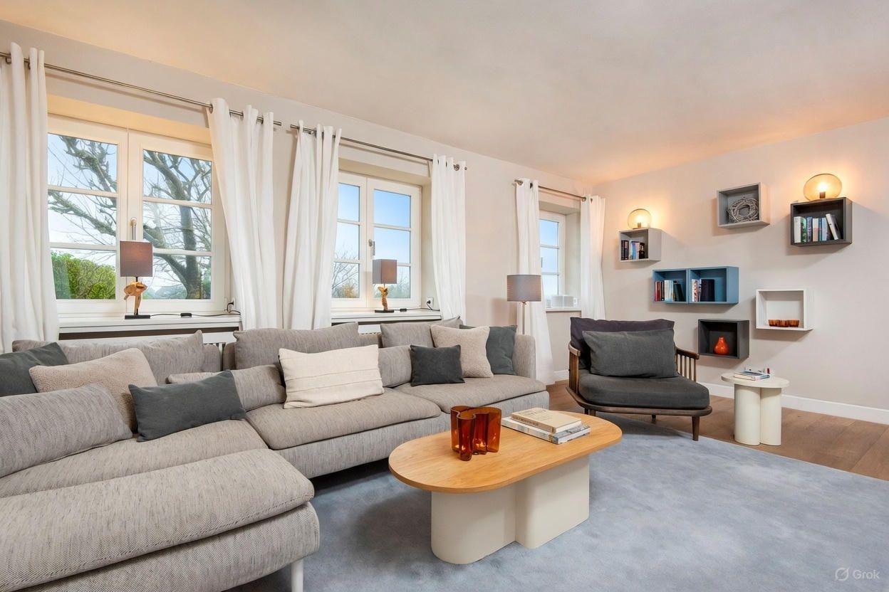 Wohnzimmer mit Sofa, Couchtisch und Fenstern mit weißen Vorhängen.