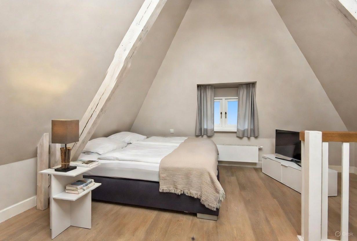 Schlafzimmer mit Dachschrägen, Bett, Fenster und Fernseher.