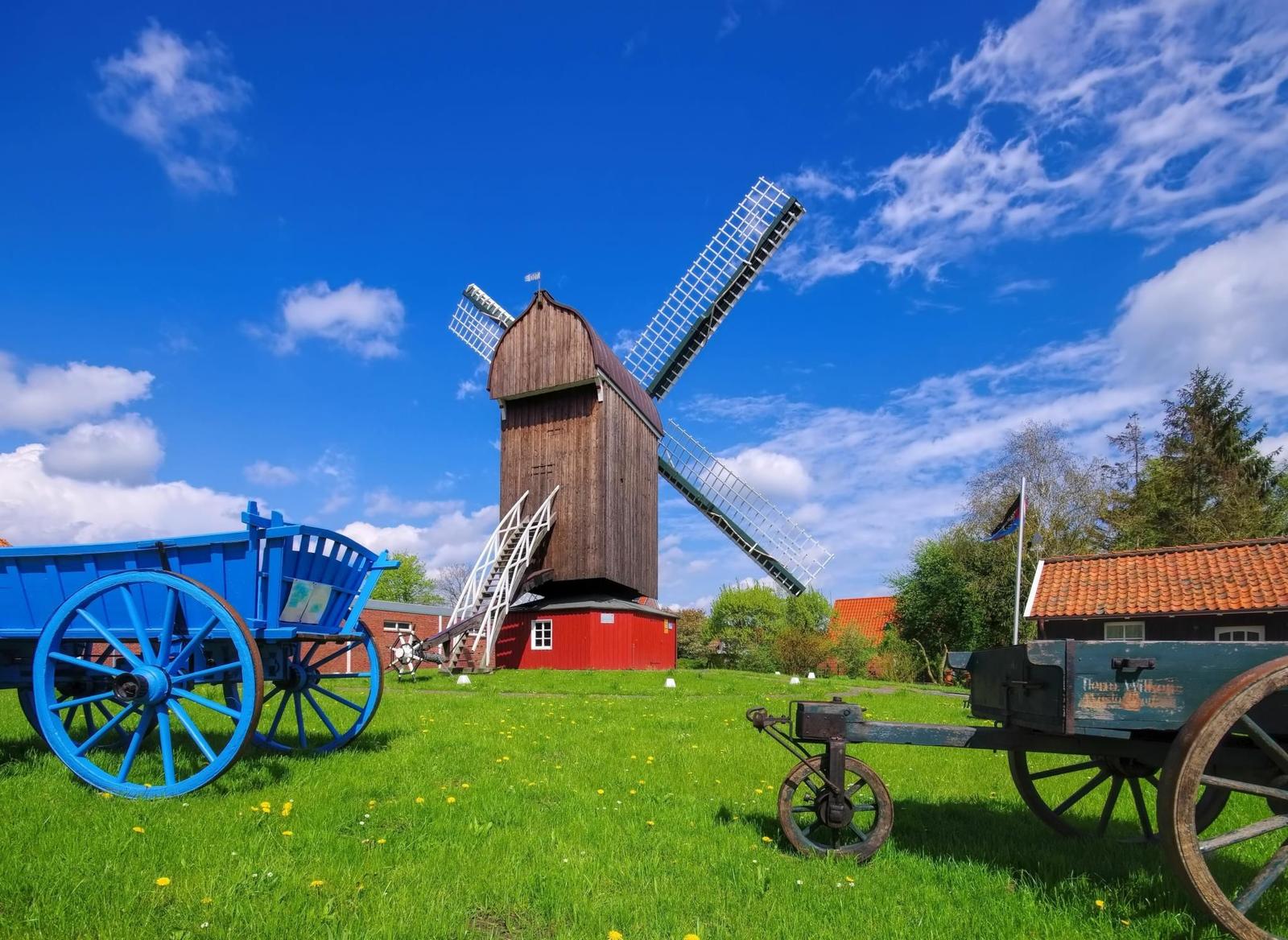 Holzwindmühle mit blauem und grünem Karren auf grünem Rasen.