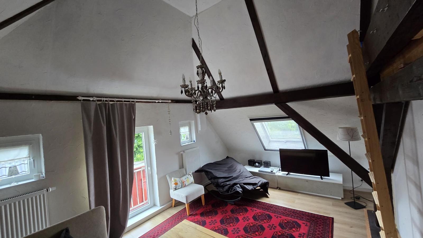 Zimmer mit Holzdecke, TV, Fenster und rotem Teppich.