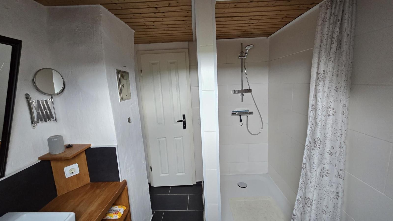 Badezimmer mit Dusche, Spiegel und Holzregal