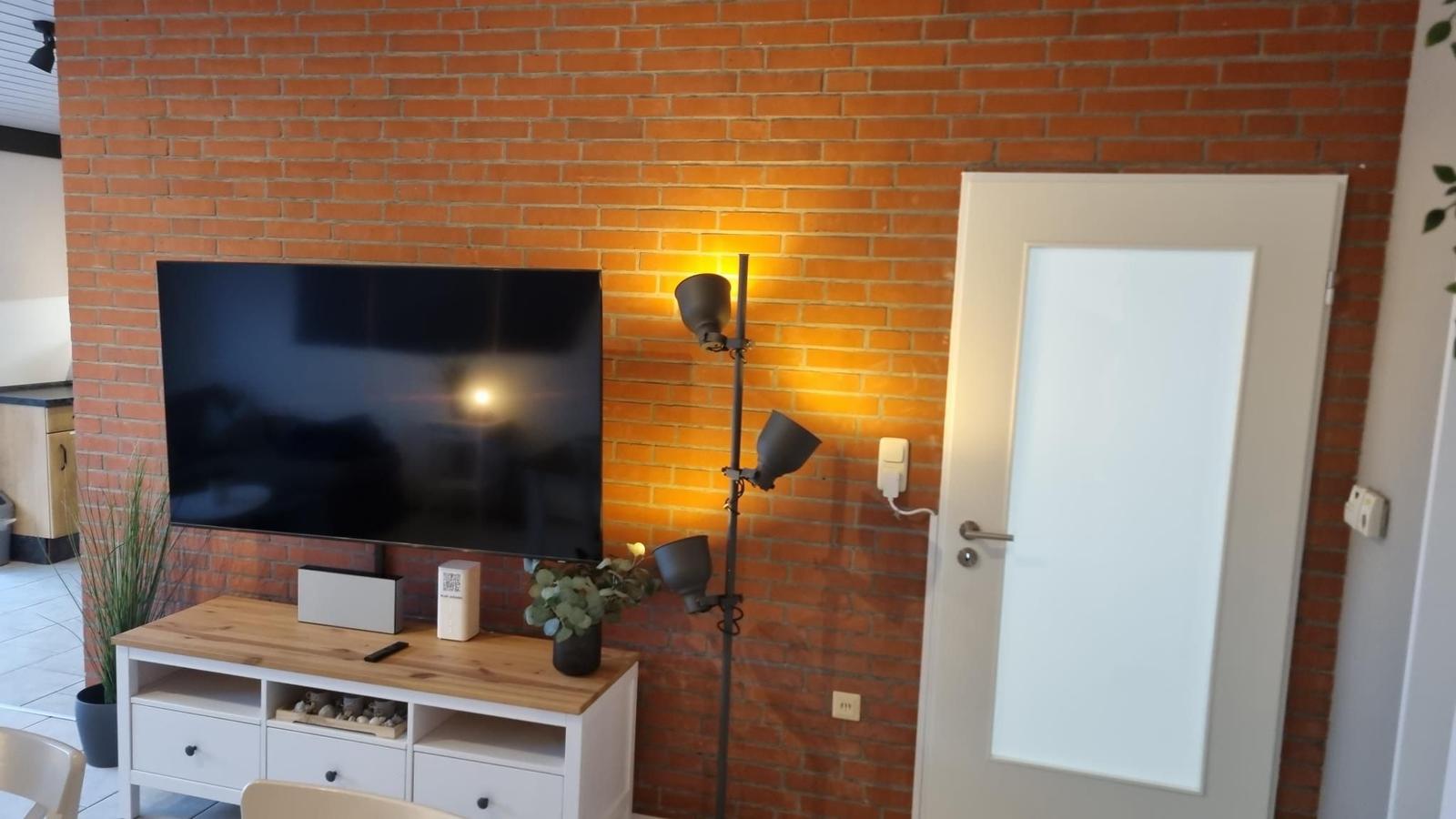 Wohnbereich mit Fernseher, Holzregal und roter Ziegelwand.