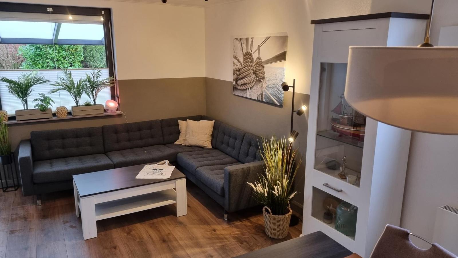 Ein Wohnzimmer mit grauem Sofa, Holzboden und Fenster mit Pflanzen.