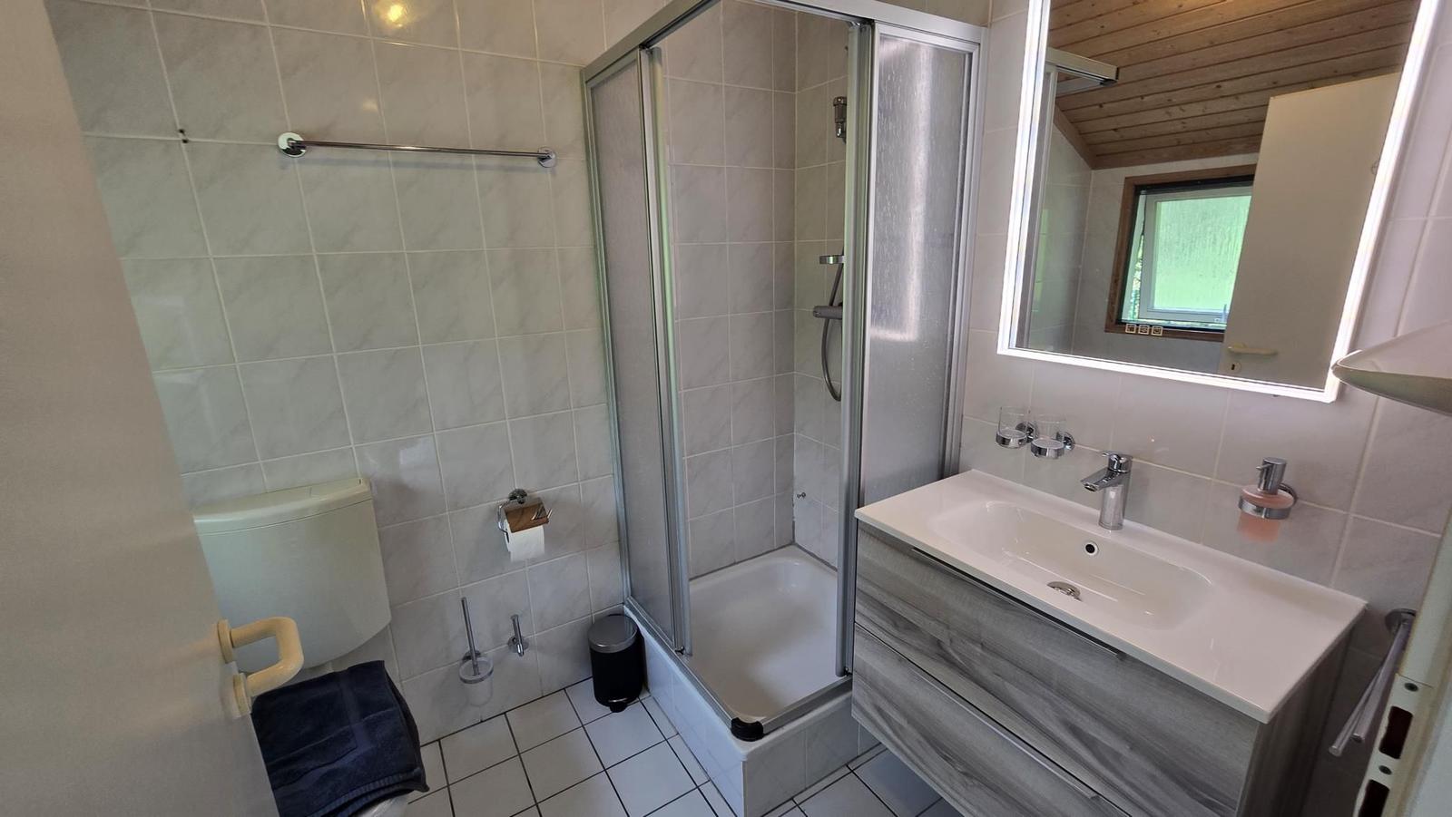 Badezimmer mit Dusche, Waschbecken und Toilette.