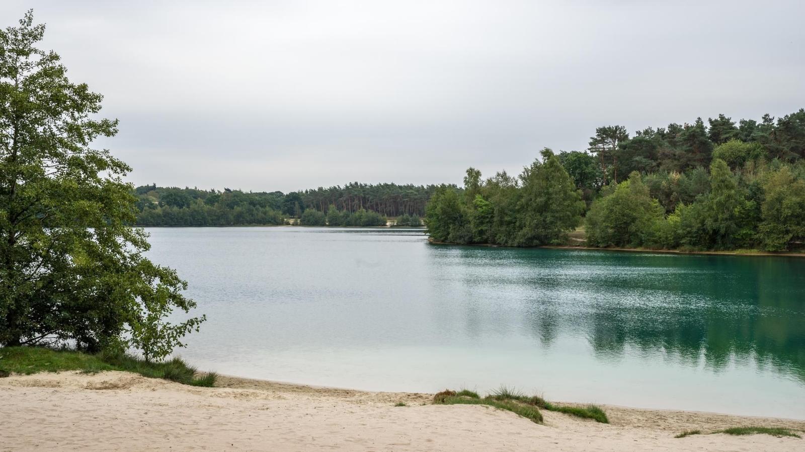 Ein See mit sandigem Ufer und umgebenden Bäumen unter einem bewölkten Himmel.