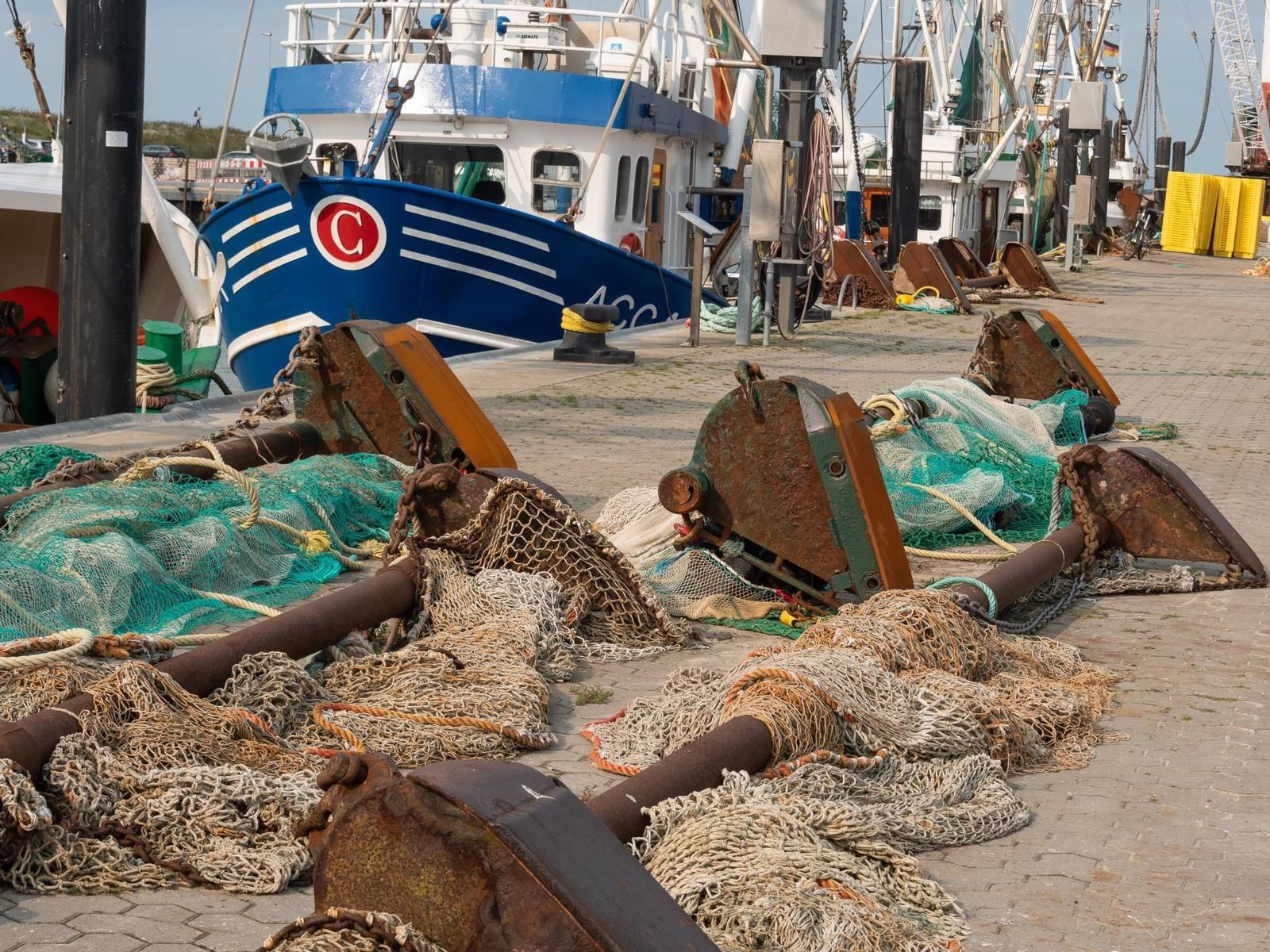 Fischerboote und Netze am Hafen