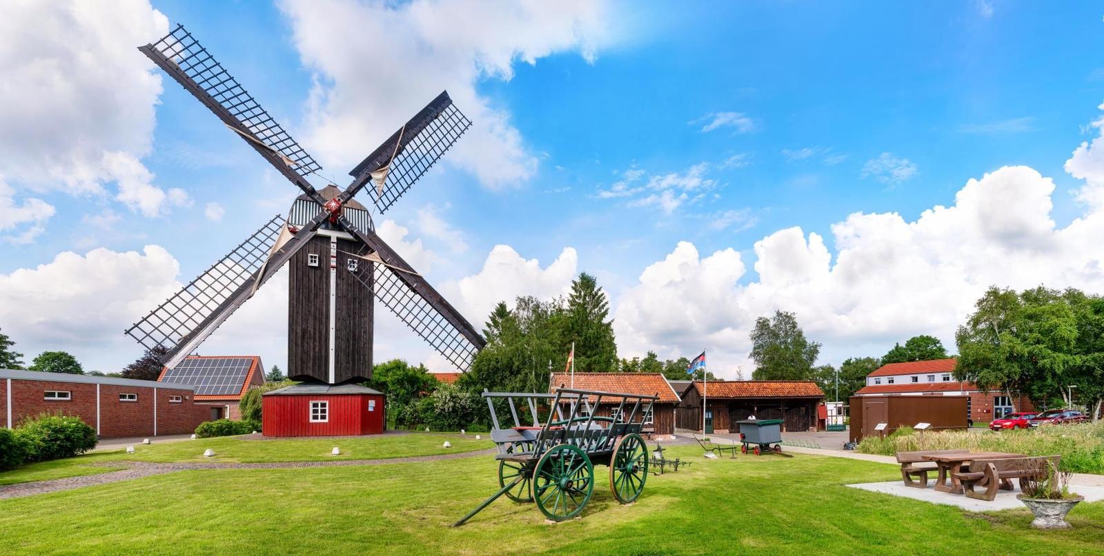 Holzwindmühle mit grünem Wagen auf Grünfläche