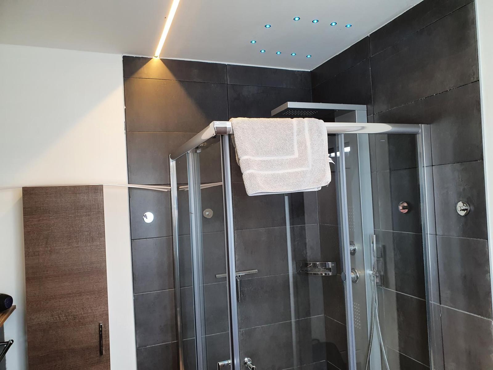 Duschkabine mit Glaswand und Duschbrause. Dunkle Fliesen und Deckenbeleuchtung.
