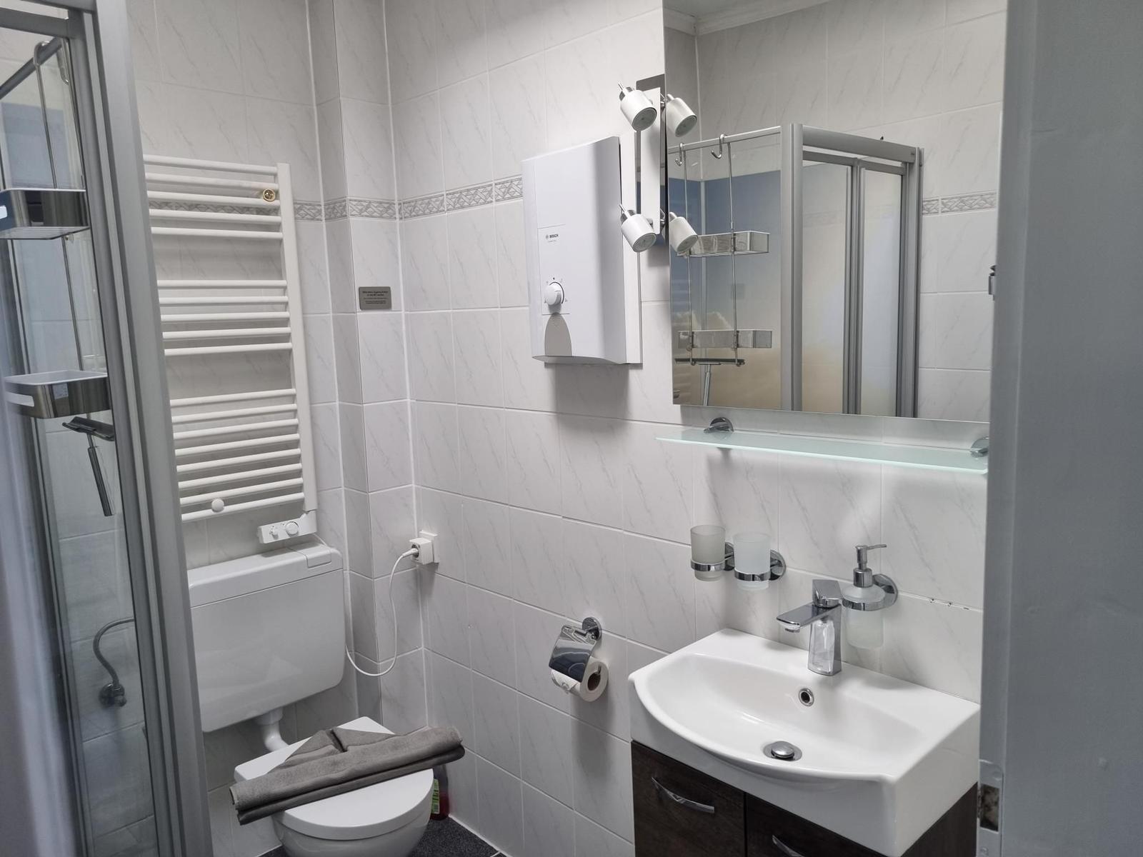 Badezimmer mit Dusche, Toilette und Waschbecken.