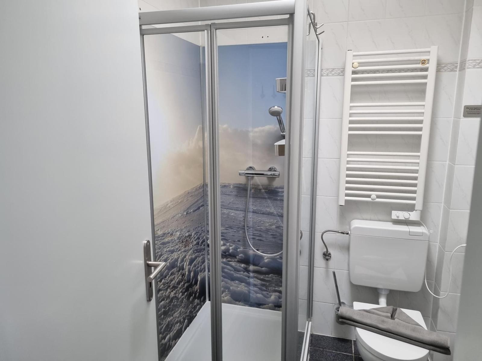 Duschkabine mit Blick auf Landschaft, Toilette und Heizkörper