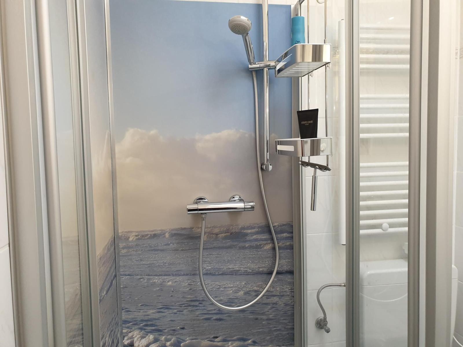 Duschkabine mit Meeresmotivwand und Chromarmaturen.