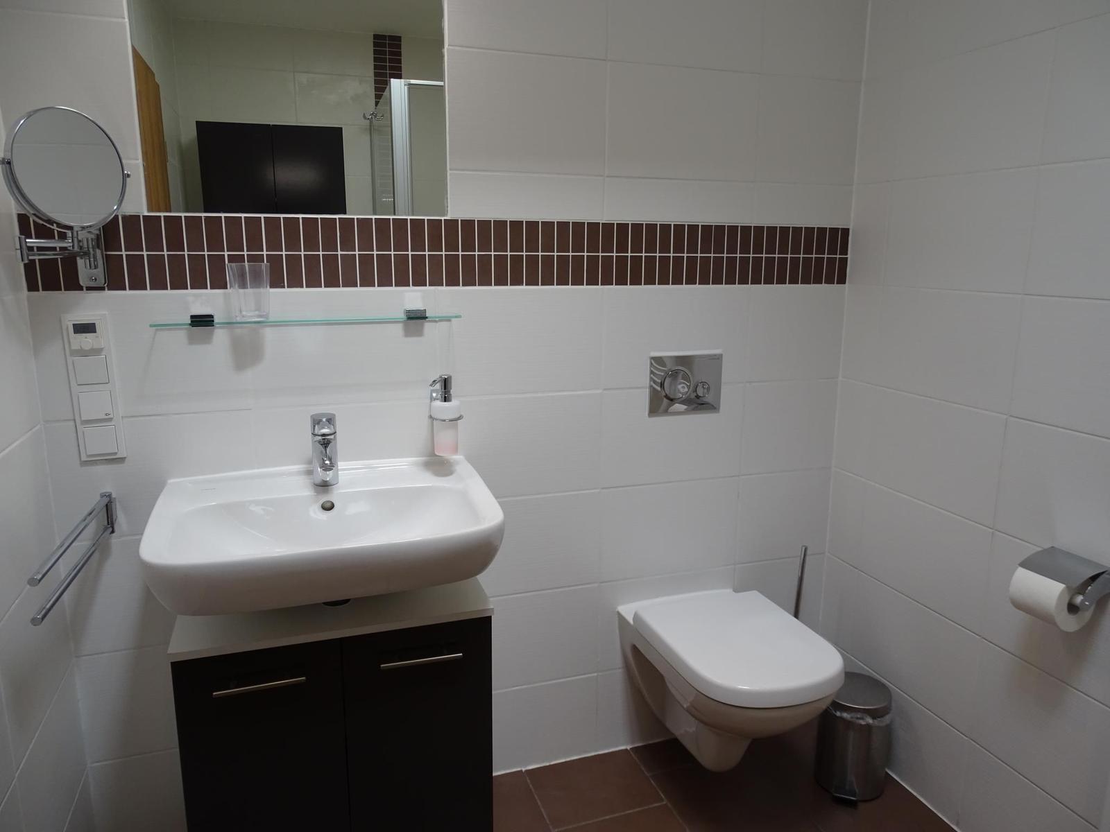 Badezimmer mit Waschbecken, Toilette und Spiegel.