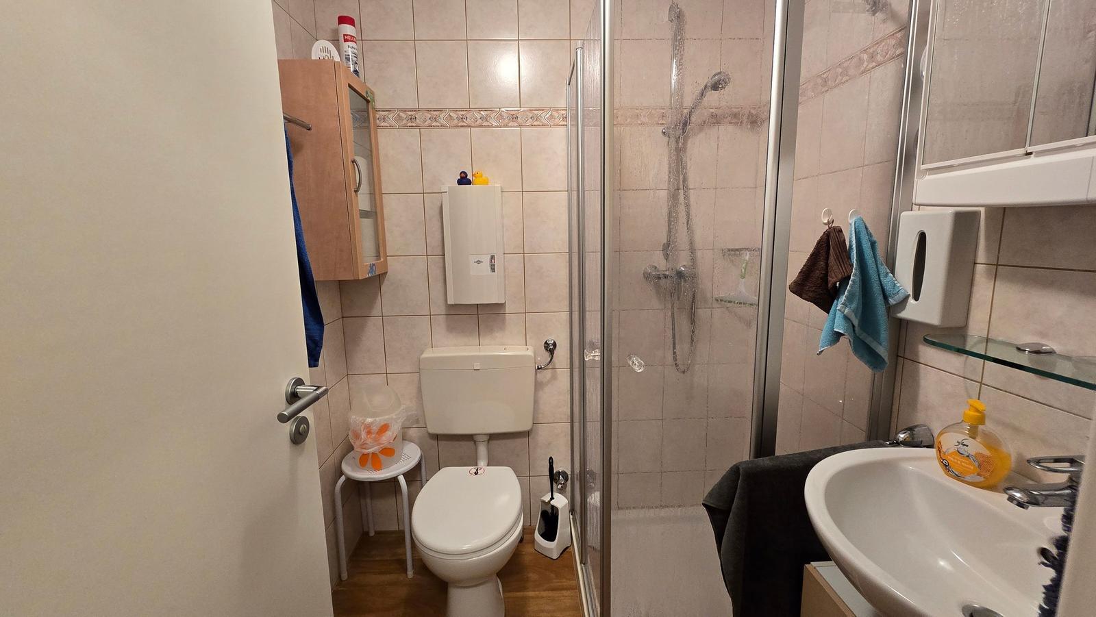 Badezimmer mit Dusche, Toilette und Waschbecken.