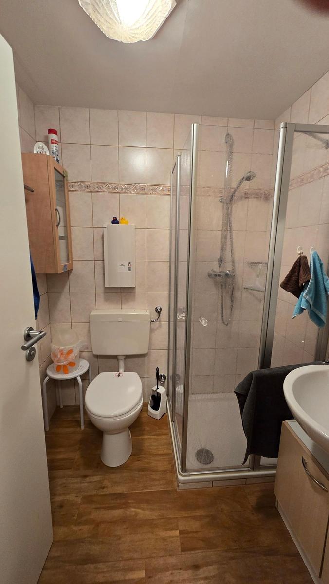 Badezimmer mit Dusche, WC und Waschbecken. Holzdielenboden und Fliesenwand.